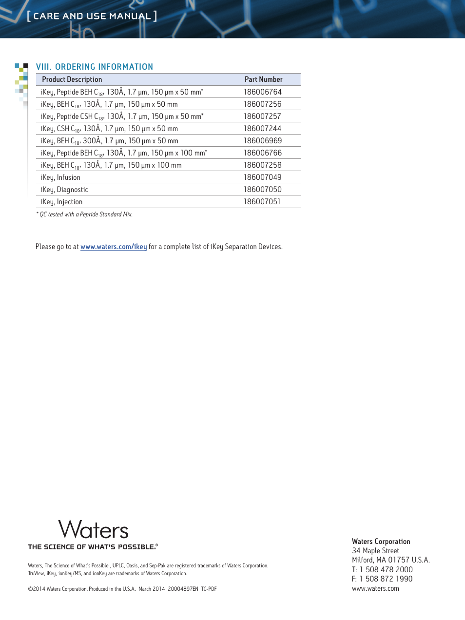 Care and use manual | Waters iKey User Manual | Page 11 / 11