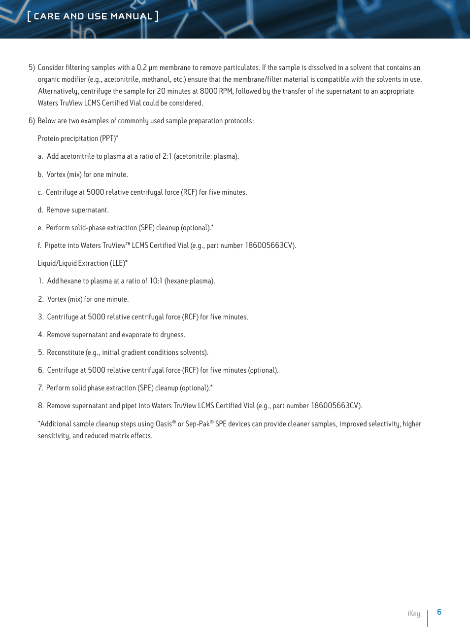 Care and use manual | Waters iKey User Manual | Page 6 / 11