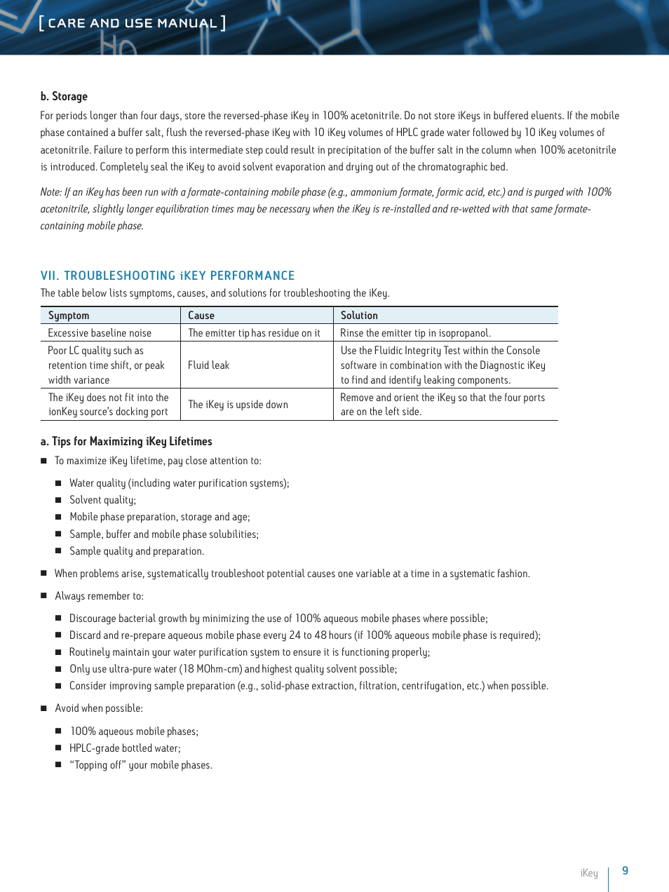 Care and use manual | Waters iKey User Manual | Page 9 / 11