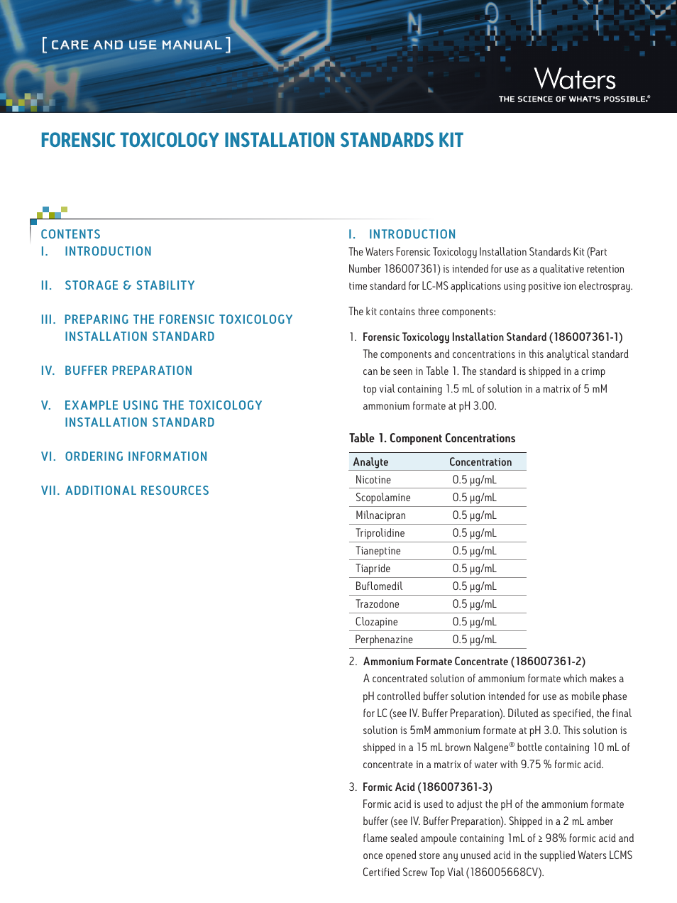 Waters Forensic Toxicology Installation Standards Kit User Manual | 3 pages