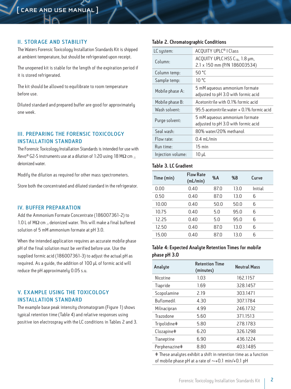 Care and use manual | Waters Forensic Toxicology Installation Standards Kit User Manual | Page 2 / 3