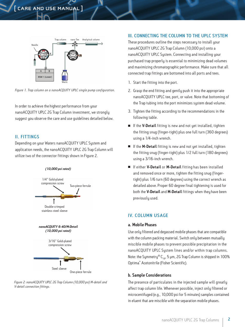 Care and use manual, Ii. fit tings, Iii. connecting the column to the uplc system | Iv. column usage a. mobile phases, B. sample considerations | Waters nanoACQUITY UPLC 2G Trap Columns User Manual | Page 2 / 3