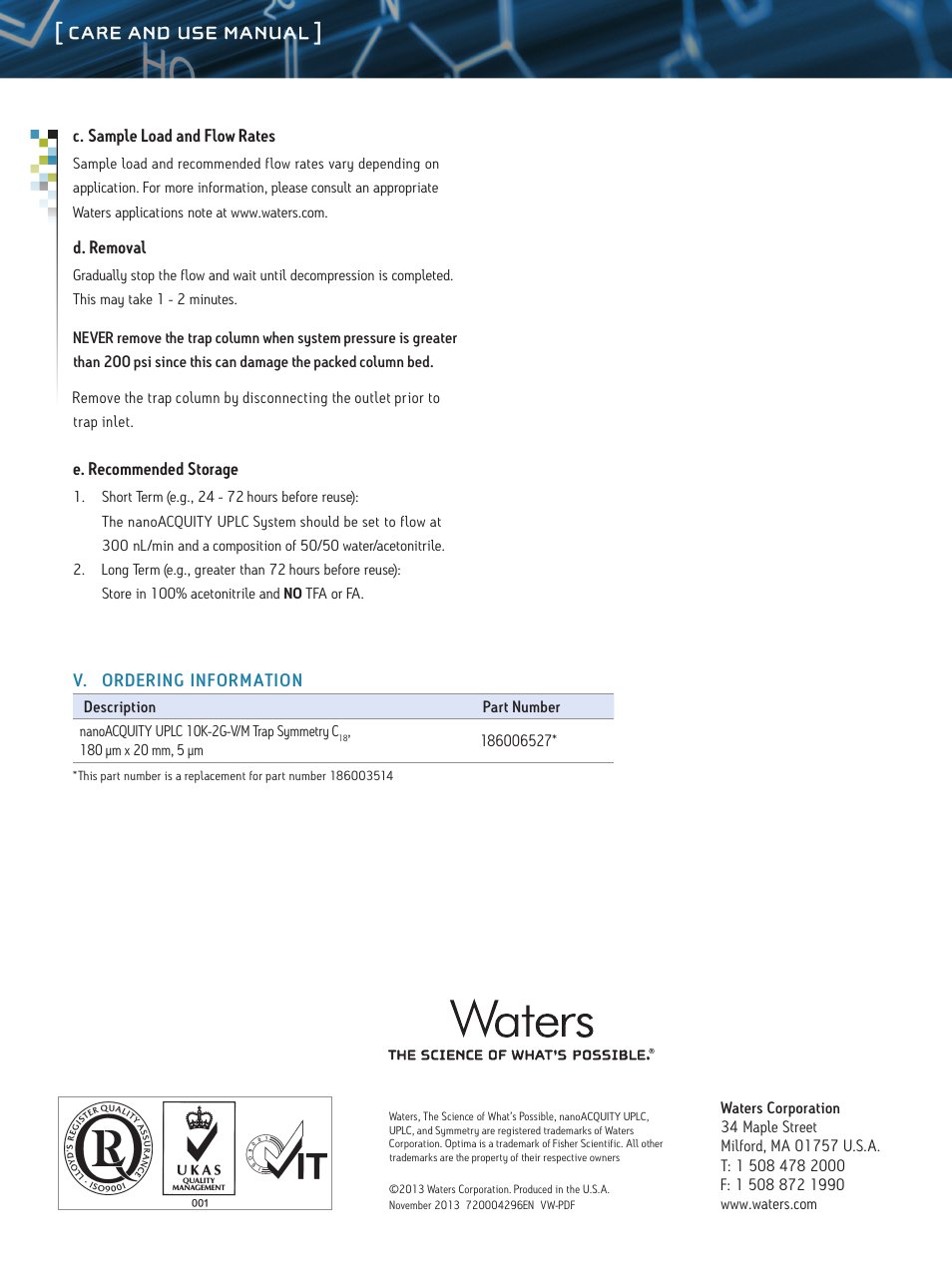 Care and use manual | Waters nanoACQUITY UPLC 2G Trap Columns User Manual | Page 3 / 3