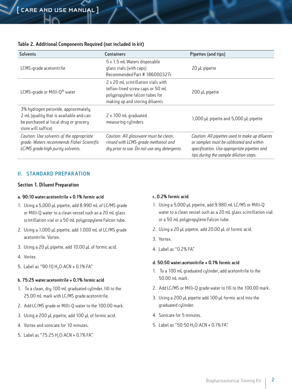 Care and use manual | Waters Biopharmaceutical Training Kit User Manual | Page 2 / 5