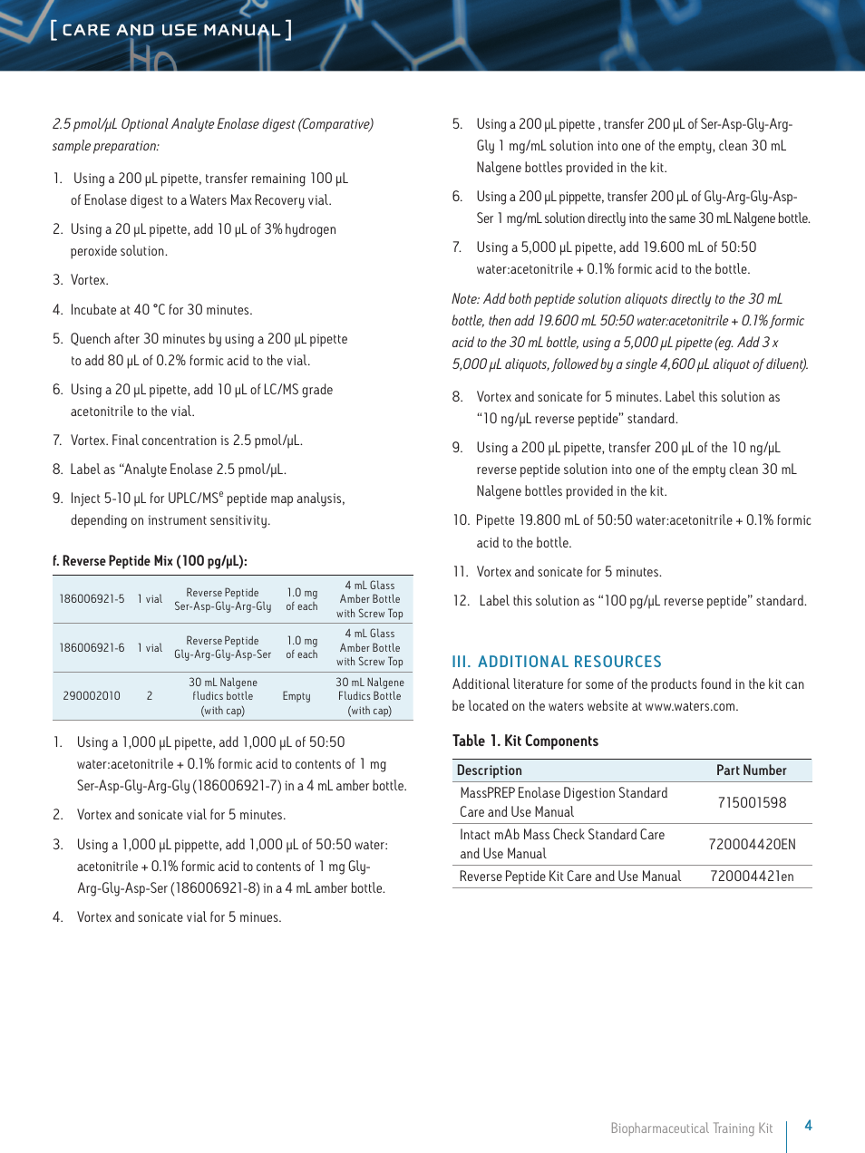 Care and use manual | Waters Biopharmaceutical Training Kit User Manual | Page 4 / 5