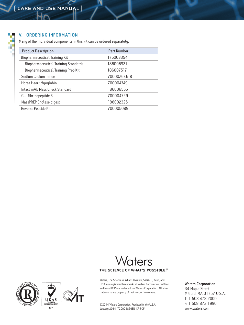 Care and use manual | Waters Biopharmaceutical Training Kit User Manual | Page 5 / 5