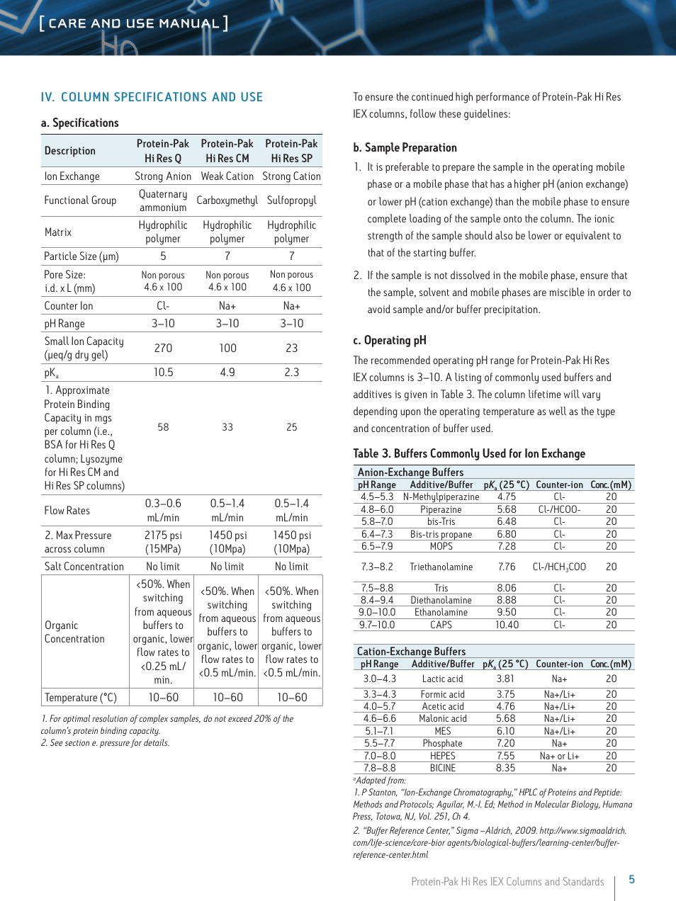Care and use manual | Waters Protein-Pak Hi Res IEX Columns User Manual | Page 5 / 9