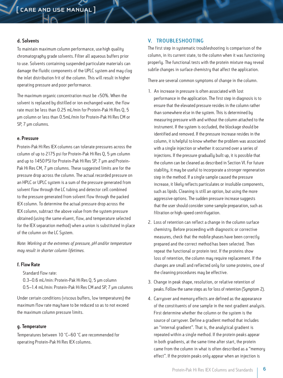 Care and use manual | Waters Protein-Pak Hi Res IEX Columns User Manual | Page 6 / 9