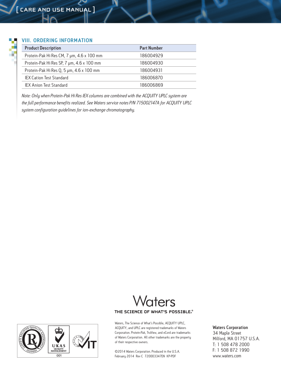 Care and use manual | Waters Protein-Pak Hi Res IEX Columns User Manual | Page 9 / 9