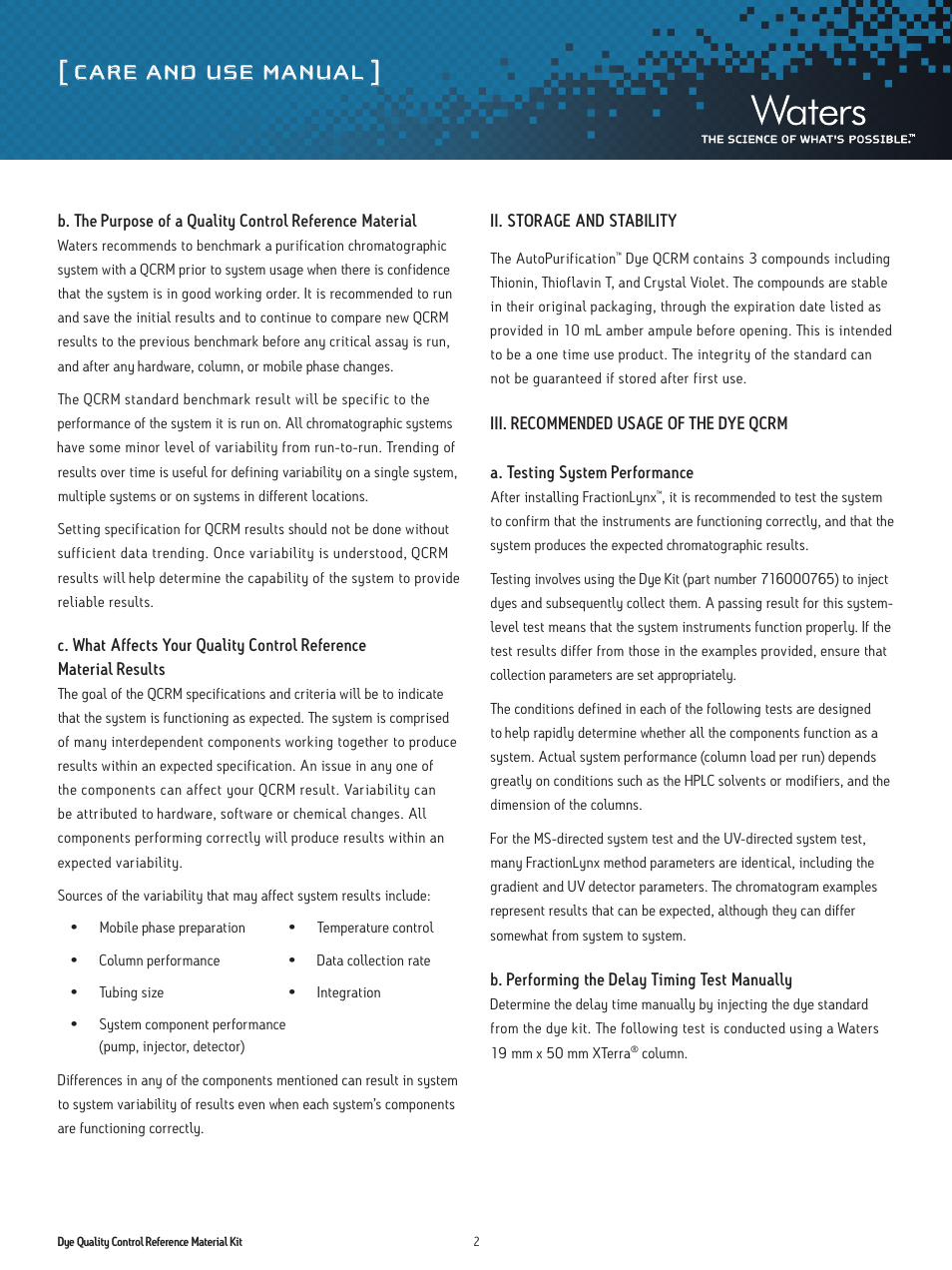 Care and use manual | Waters Dye QCRM Kit User Manual | Page 2 / 8