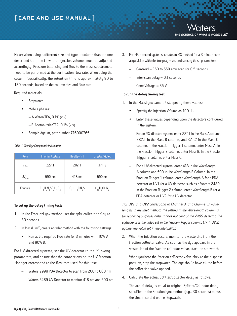 Care and use manual | Waters Dye QCRM Kit User Manual | Page 3 / 8