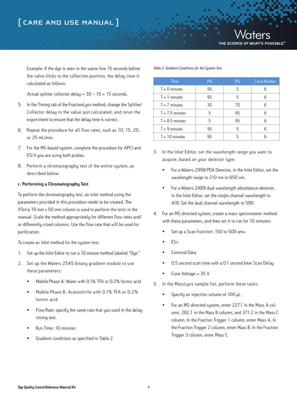 Care and use manual | Waters Dye QCRM Kit User Manual | Page 4 / 8