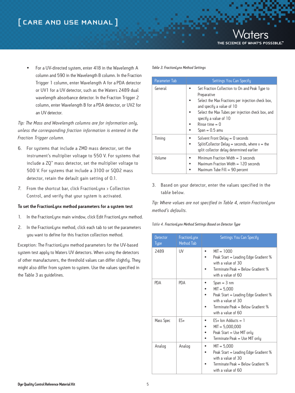 Care and use manual | Waters Dye QCRM Kit User Manual | Page 5 / 8