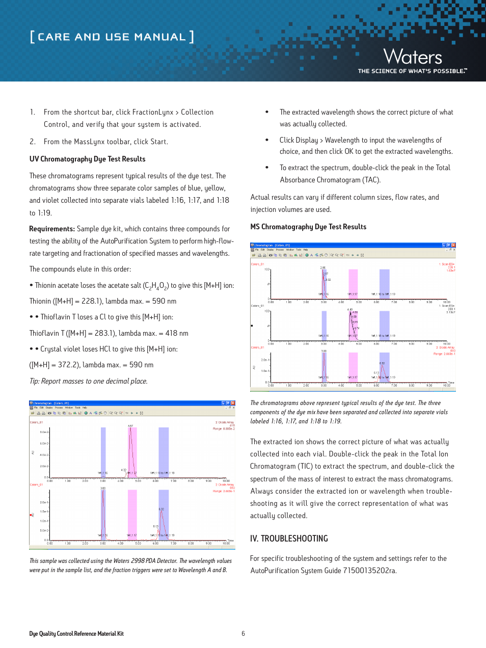 Care and use manual | Waters Dye QCRM Kit User Manual | Page 6 / 8