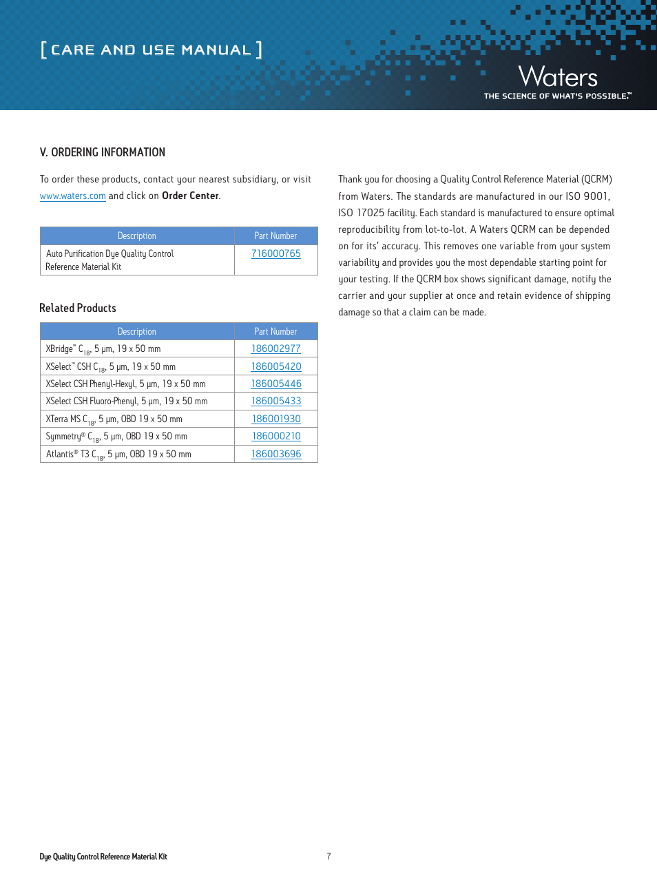 Care and use manual, V. ordering information, Related products | Waters Dye QCRM Kit User Manual | Page 7 / 8