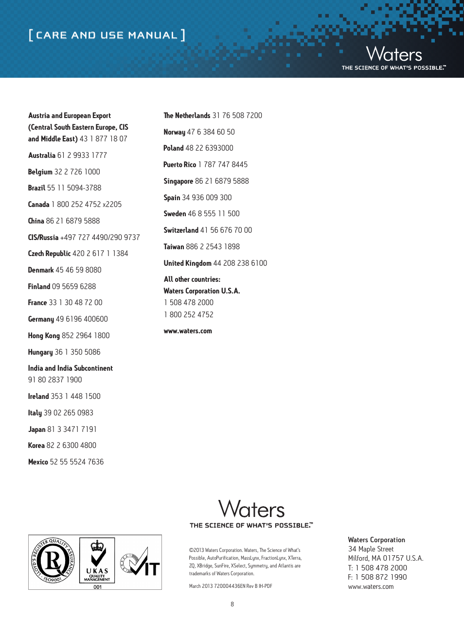 Care and use manual | Waters Dye QCRM Kit User Manual | Page 8 / 8
