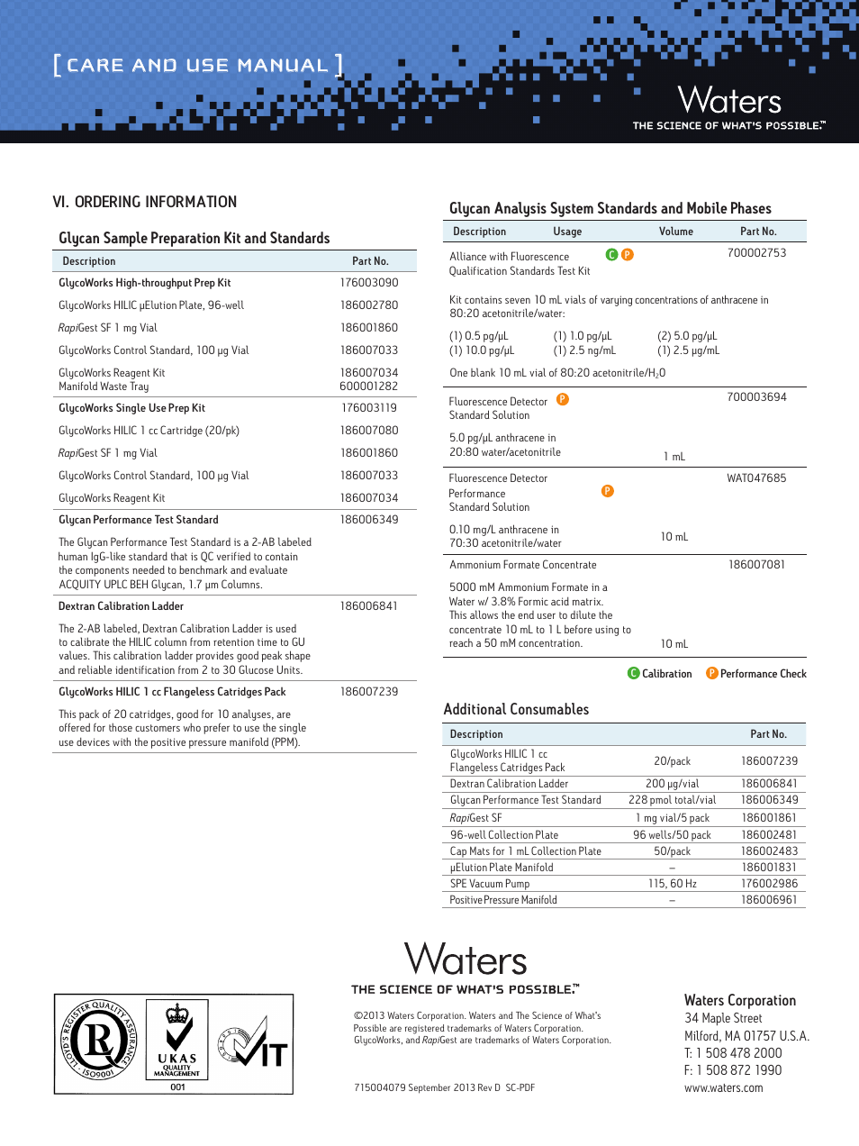 Care and use manual, Waters corporation, Additional consumables | Glycan sample preparation kit and standards | Waters GlycoWorks High-throughput Sample Preparation Kit User Manual | Page 6 / 6