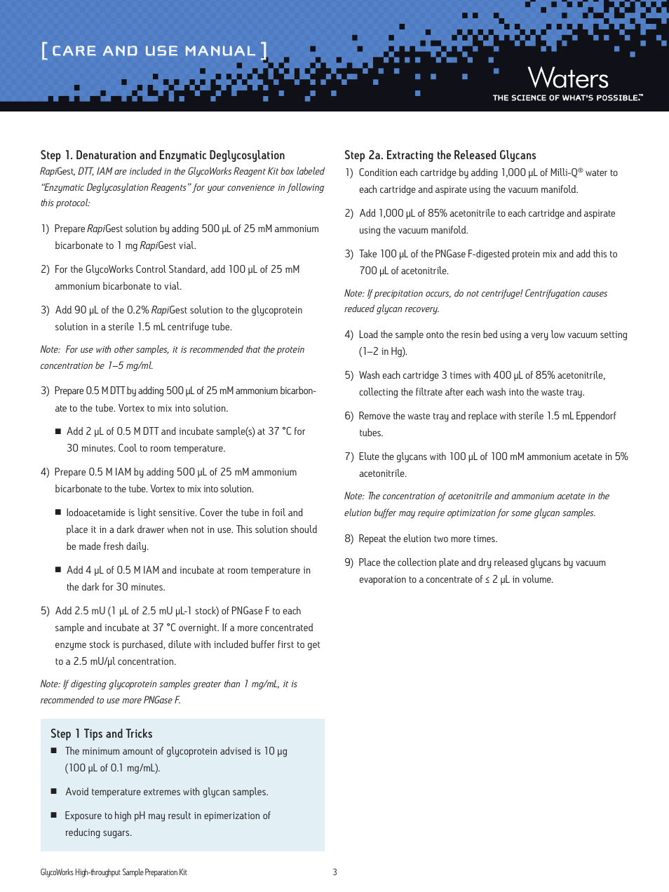 Care and use manual | Waters GlycoWorks Single Use Sample Preparation Kit User Manual | Page 3 / 6