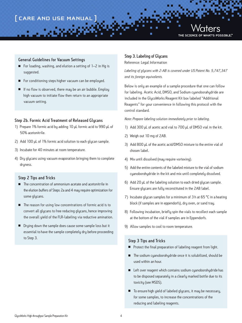 Care and use manual | Waters GlycoWorks Single Use Sample Preparation Kit User Manual | Page 4 / 6