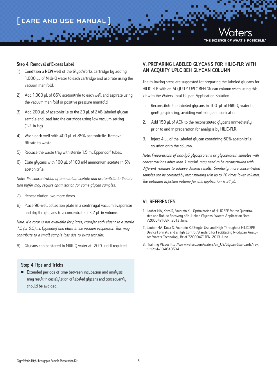 Care and use manual | Waters GlycoWorks Single Use Sample Preparation Kit User Manual | Page 5 / 6