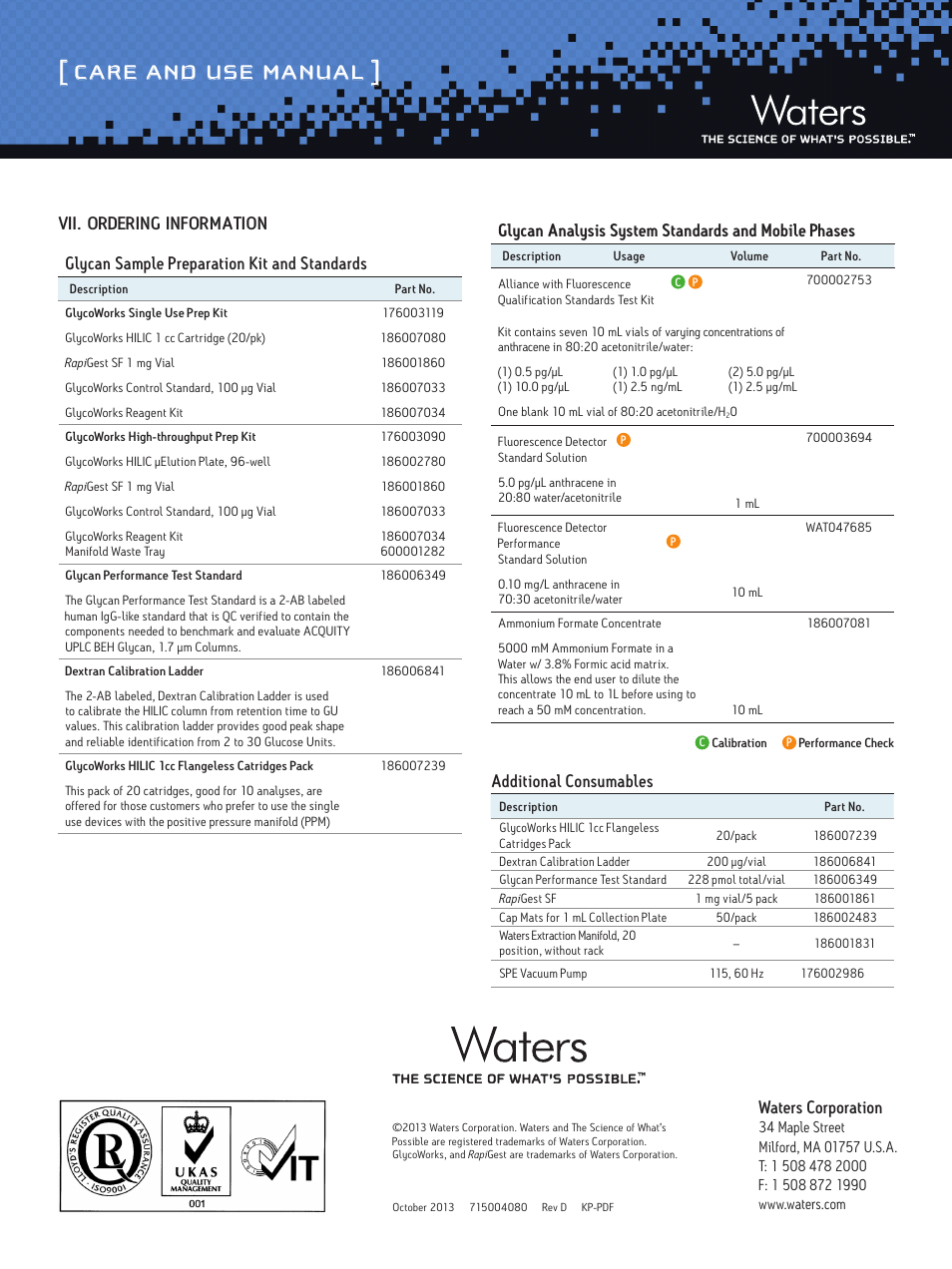 Care and use manual, Waters corporation, Additional consumables | Glycan sample preparation kit and standards | Waters GlycoWorks Single Use Sample Preparation Kit User Manual | Page 6 / 6