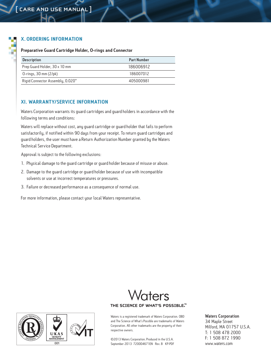 Care and use manual | Waters 30 mm ID Preparative Guard Cartridges and Guard Holders User Manual | Page 5 / 5