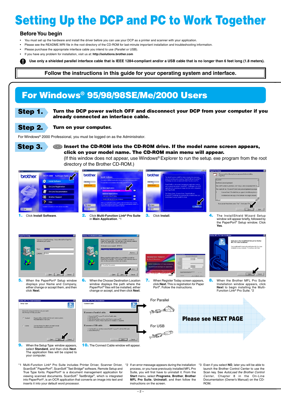 Setting up the dcp and pc to work together, For windows, Step 1 | Step 2, Step 3, Please see next page, Before you begin | Brother DCP1000 User Manual | Page 2 / 4