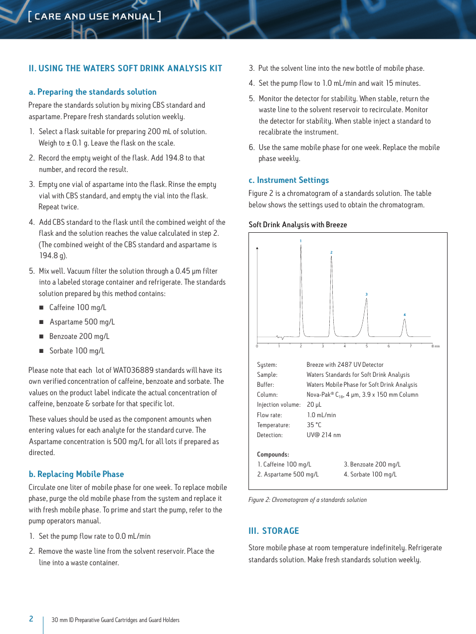 Care and use manual, B. replacing mobile phase, C. instrument settings | Iii. storage | Waters Soft Drink Analysis Kit User Manual | Page 2 / 3