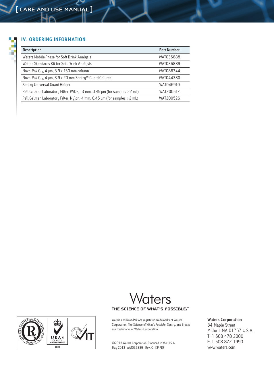 Care and use manual | Waters Soft Drink Analysis Kit User Manual | Page 3 / 3