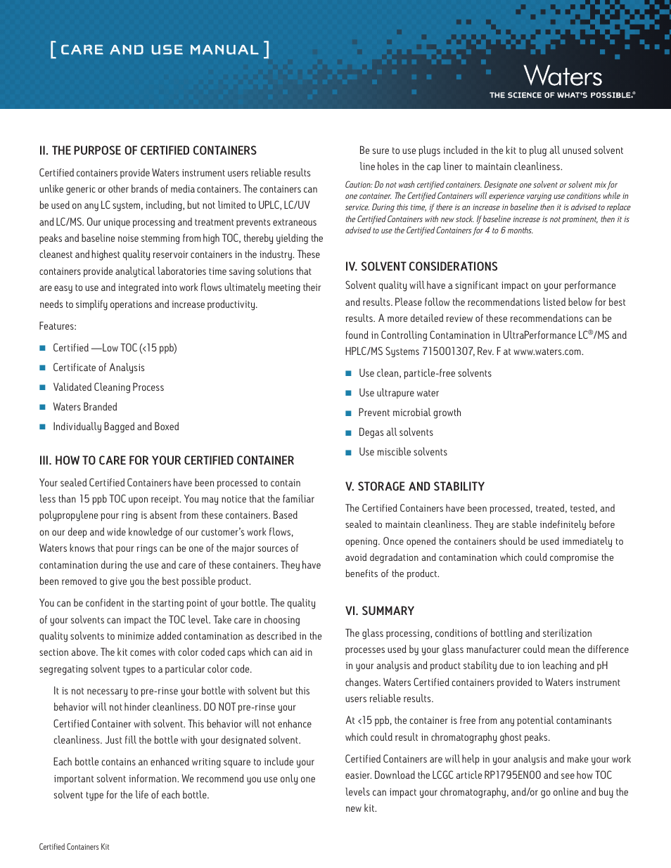 Care and use manual, Ii. the purpose of certified containers, Iii. how to care for your certified container | Iv. solvent considerations, V. storage and stability, Vi. summary | Waters Certified Containers User Manual | Page 2 / 3