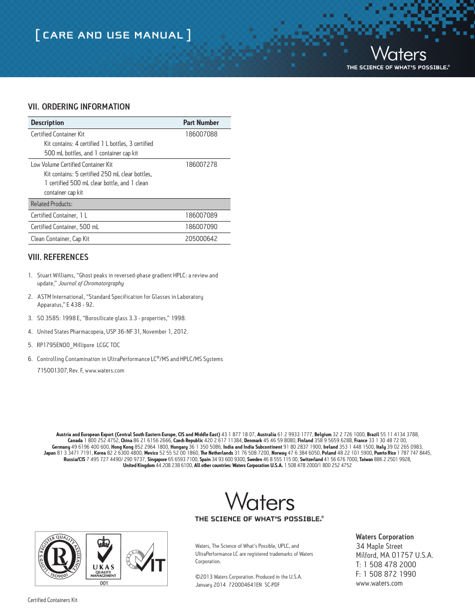 Care and use manual, Vii. ordering information, Viii. references | Waters Certified Containers User Manual | Page 3 / 3