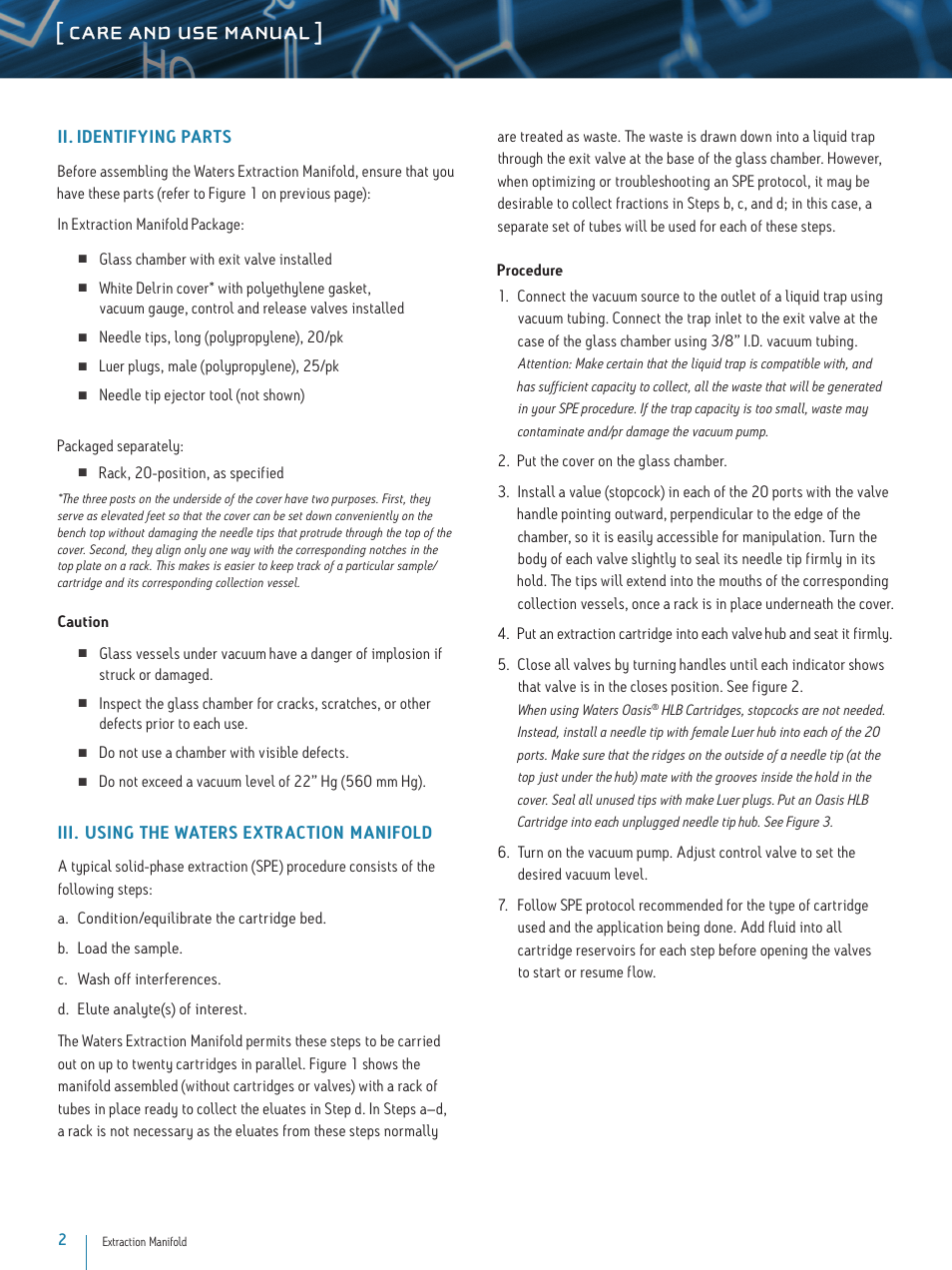 Care and use manual | Waters Extraction Manifold User Manual | Page 2 / 6