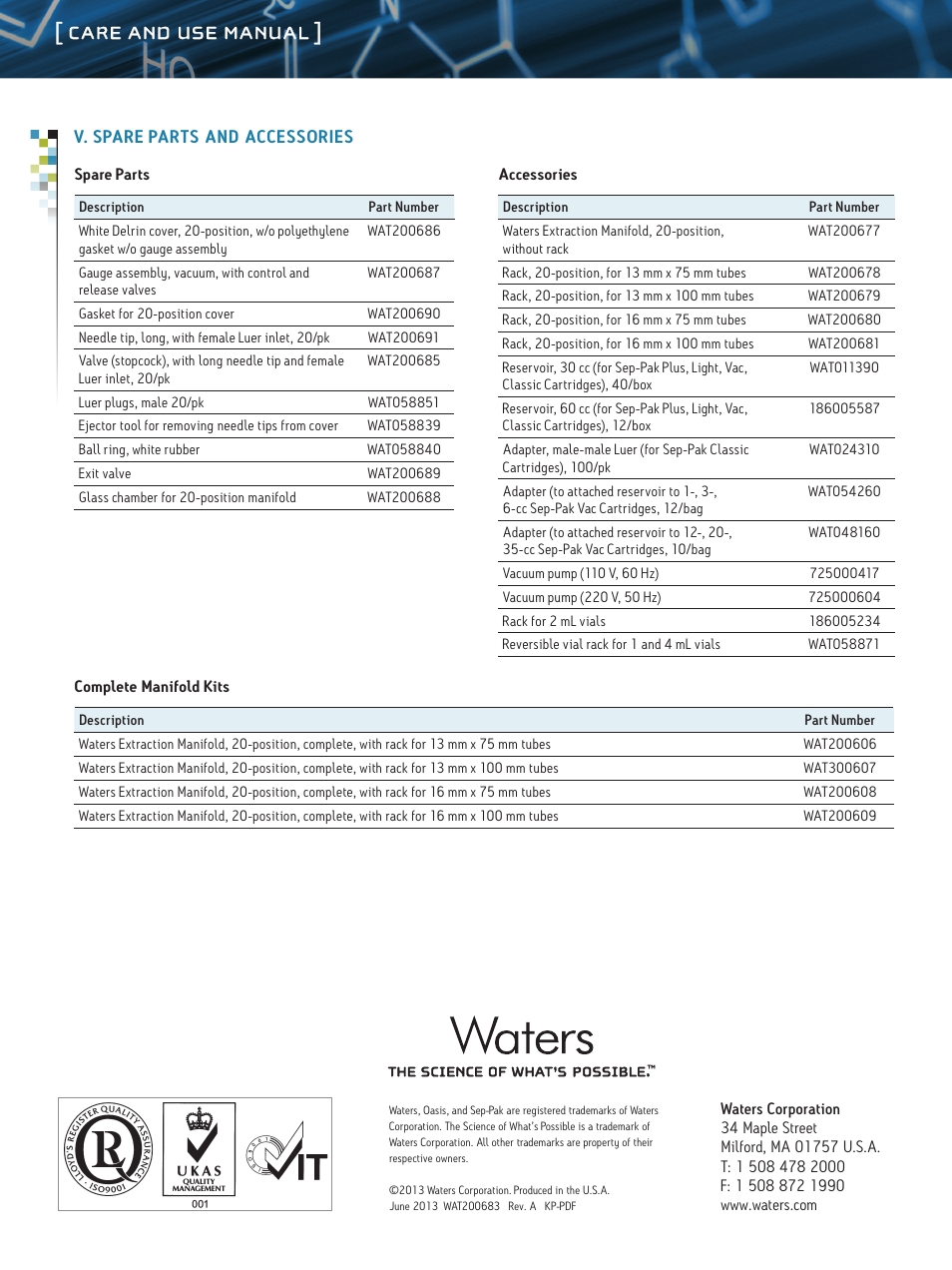 Care and use manual | Waters Extraction Manifold User Manual | Page 6 / 6