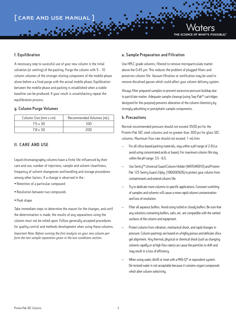 Care and use manual | Waters Protein-Pak SEC Columns User Manual | Page 3 / 6