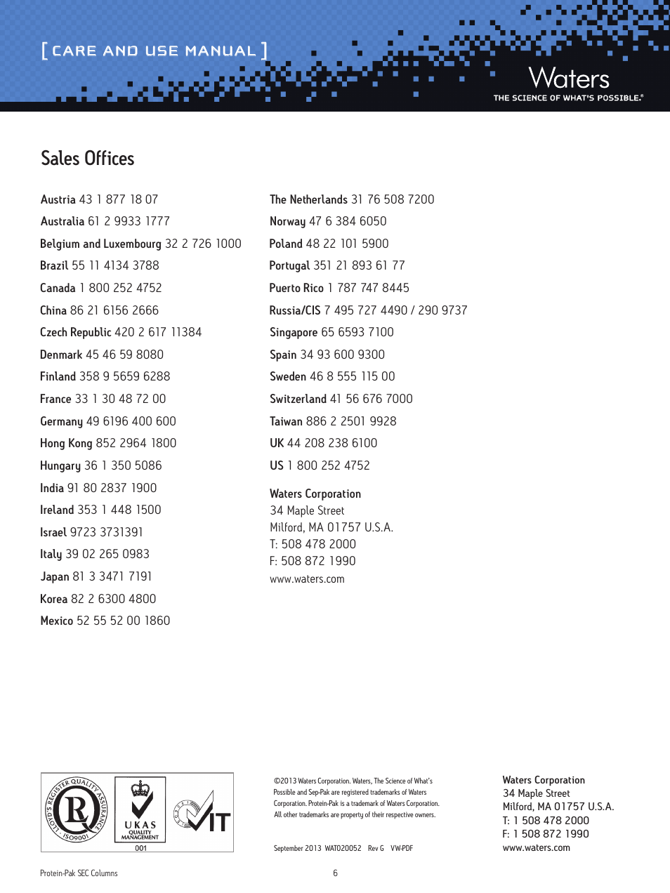 Care and use manual, Sales offices | Waters Protein-Pak SEC Columns User Manual | Page 6 / 6