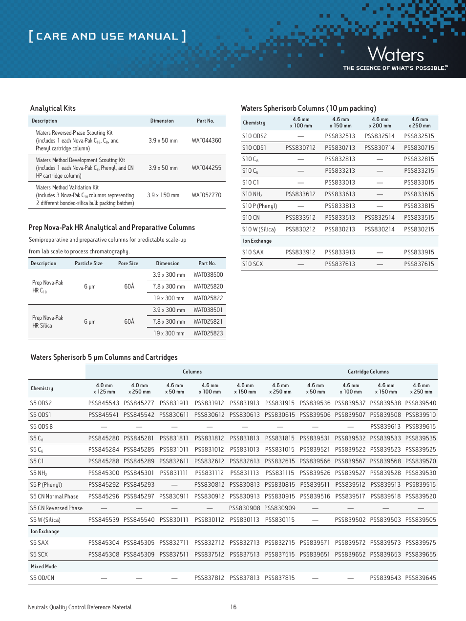 Care and use manual, Waters spherisorb 5 µm columns and cartridges, Analytical kits | Waters spherisorb columns (10 µm packing) | Waters Neutrals Quality Control Reference Materials User Manual | Page 16 / 18