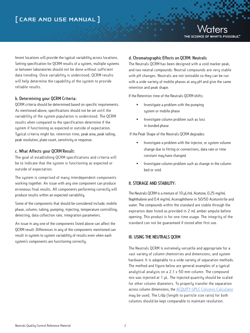Care and use manual | Waters Neutrals Quality Control Reference Materials User Manual | Page 2 / 18