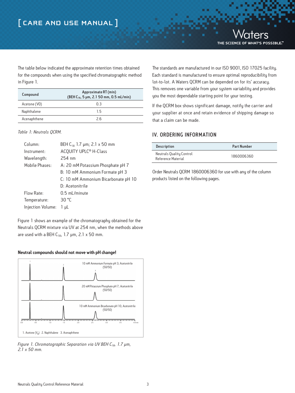 Care and use manual, Iv. ordering information | Waters Neutrals Quality Control Reference Materials User Manual | Page 3 / 18