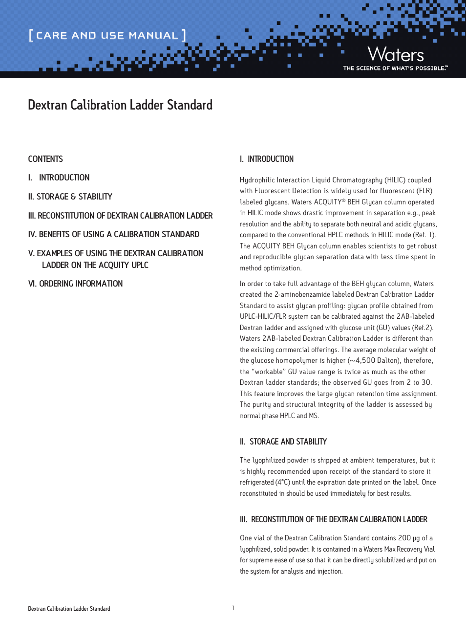 Waters Dextran Calibration Ladder Standard User Manual | 3 pages