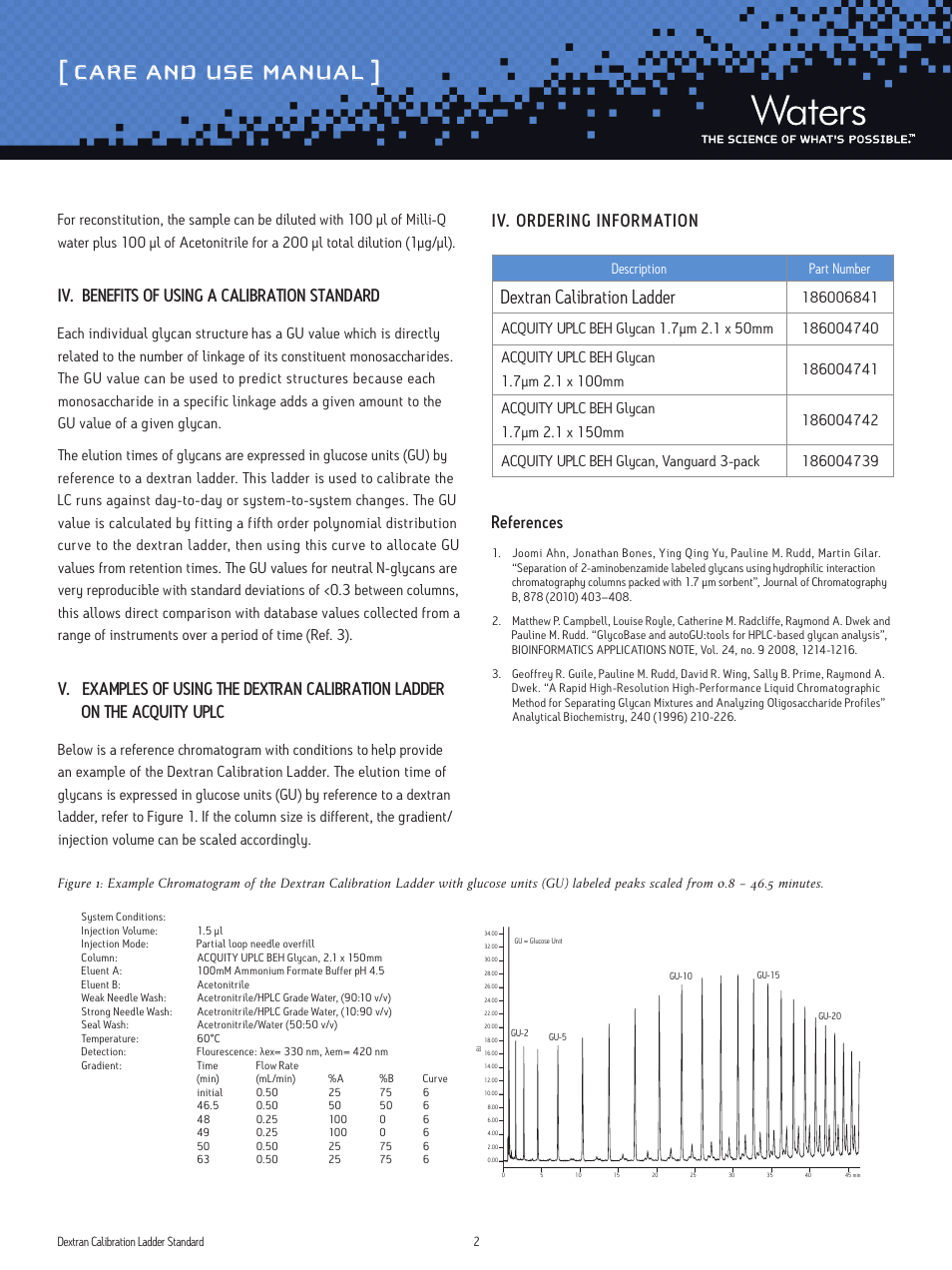 Care and use manual, Dextran calibration ladder, Iv. benefits of using a calibration standard | Iv. ordering information, References | Waters Dextran Calibration Ladder Standard User Manual | Page 2 / 3