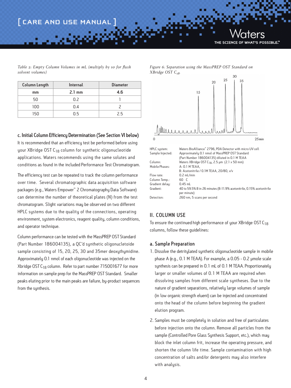 Care and use manual, Ii. column use, A. sample preparation | Waters Oligonucleotide Separation Technology XBridge OST C18 Columns User Manual | Page 4 / 7