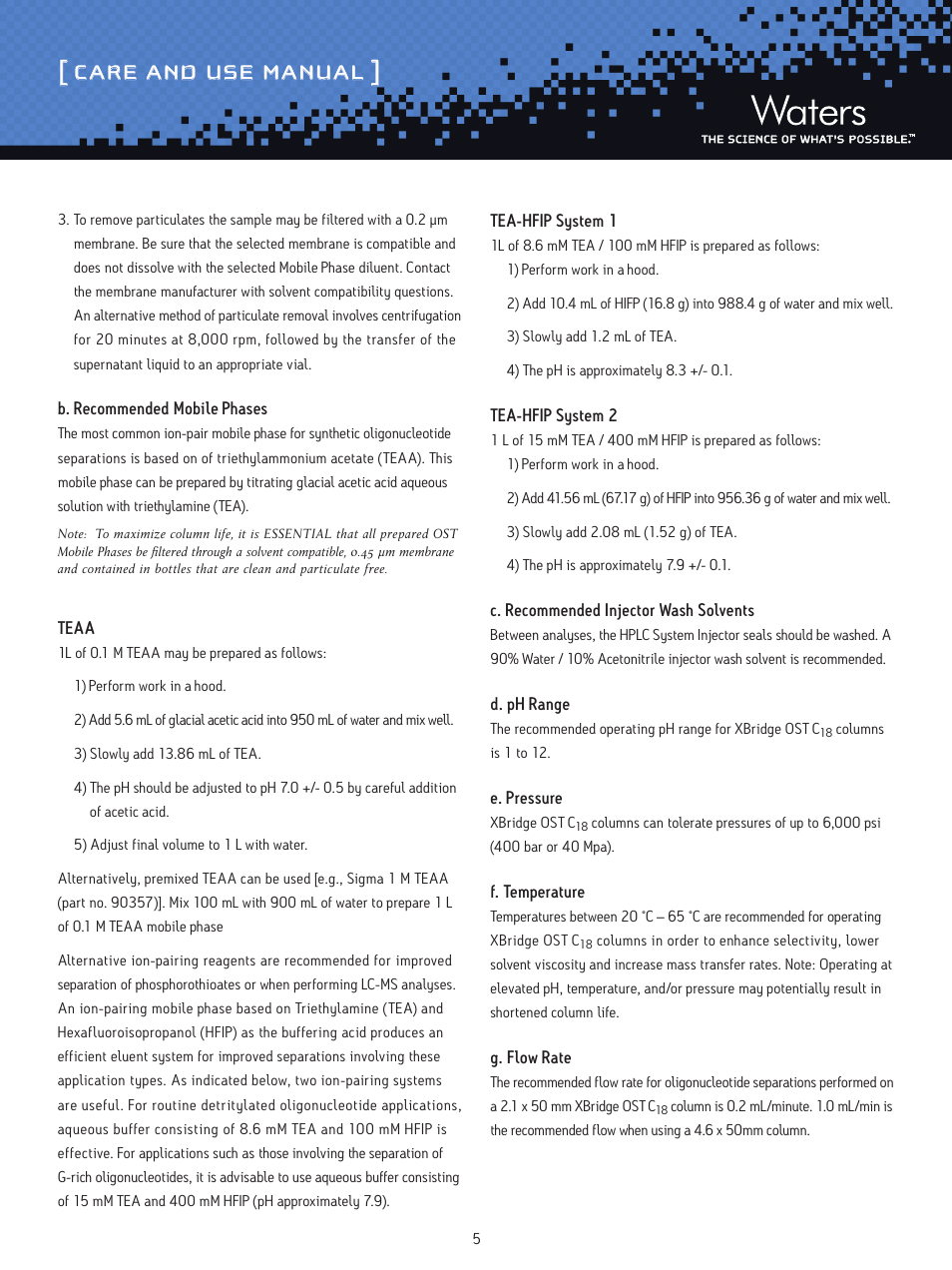 Care and use manual | Waters Oligonucleotide Separation Technology XBridge OST C18 Columns User Manual | Page 5 / 7