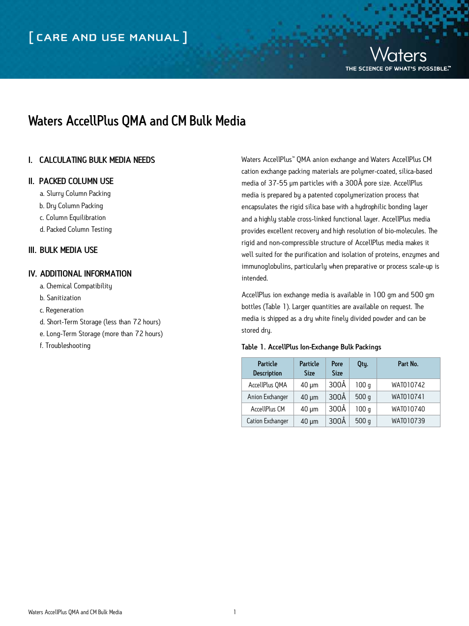 Waters AccellPlus QMA and CM Bulk Media User Manual | 5 pages