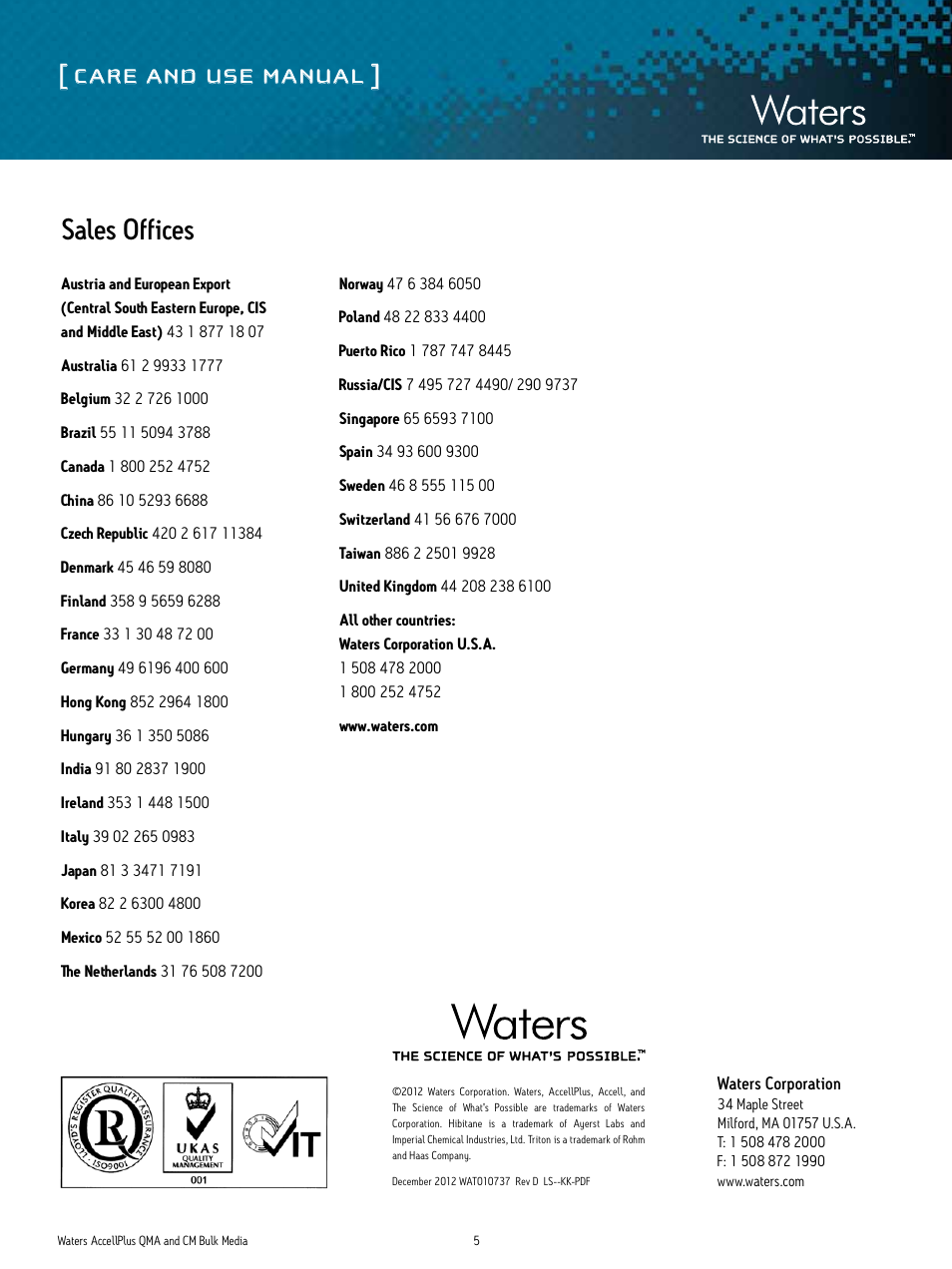 Care and use manual, Sales offices | Waters AccellPlus QMA and CM Bulk Media User Manual | Page 5 / 5