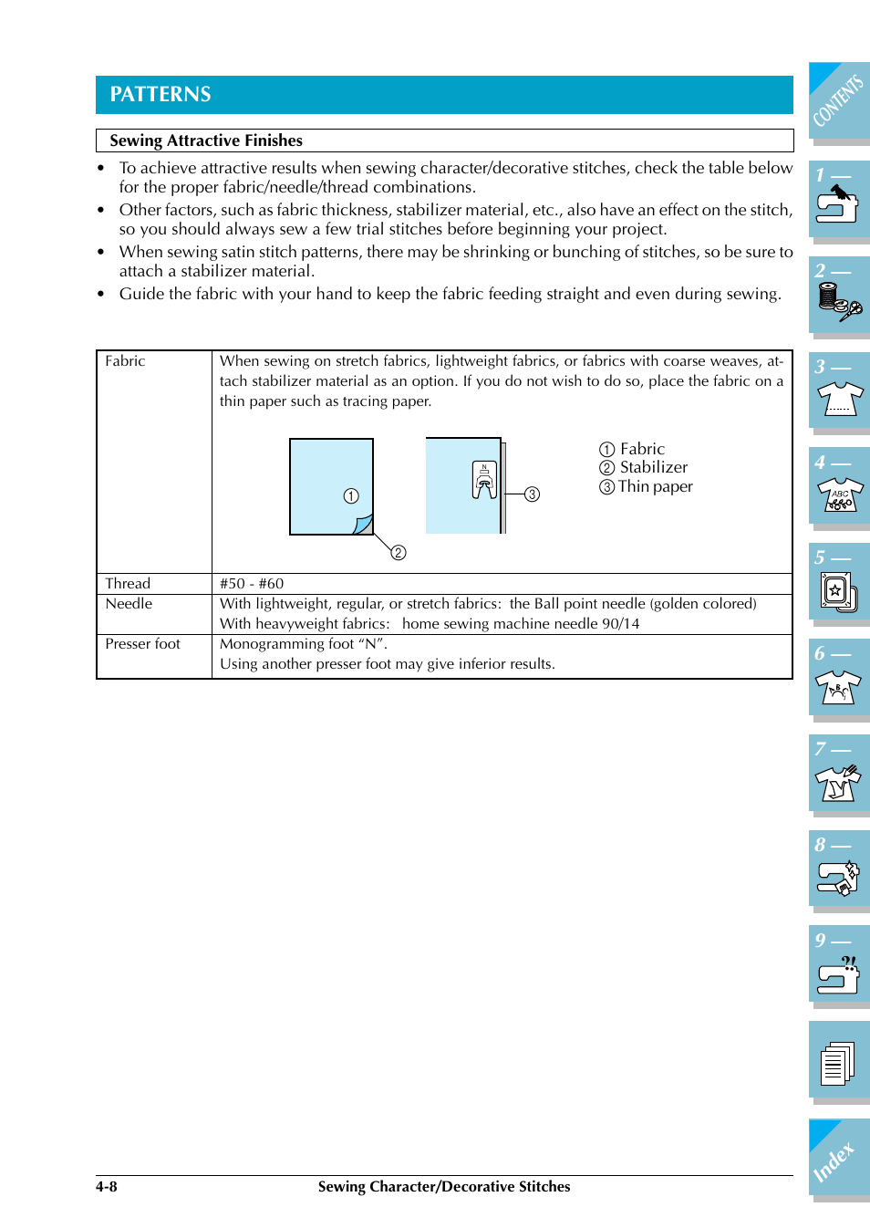 Sewing character/decorative stitch patterns -8, Sewing attractive finishes -8, Patterns | Brother ULT2002D User Manual | Page 151 / 319