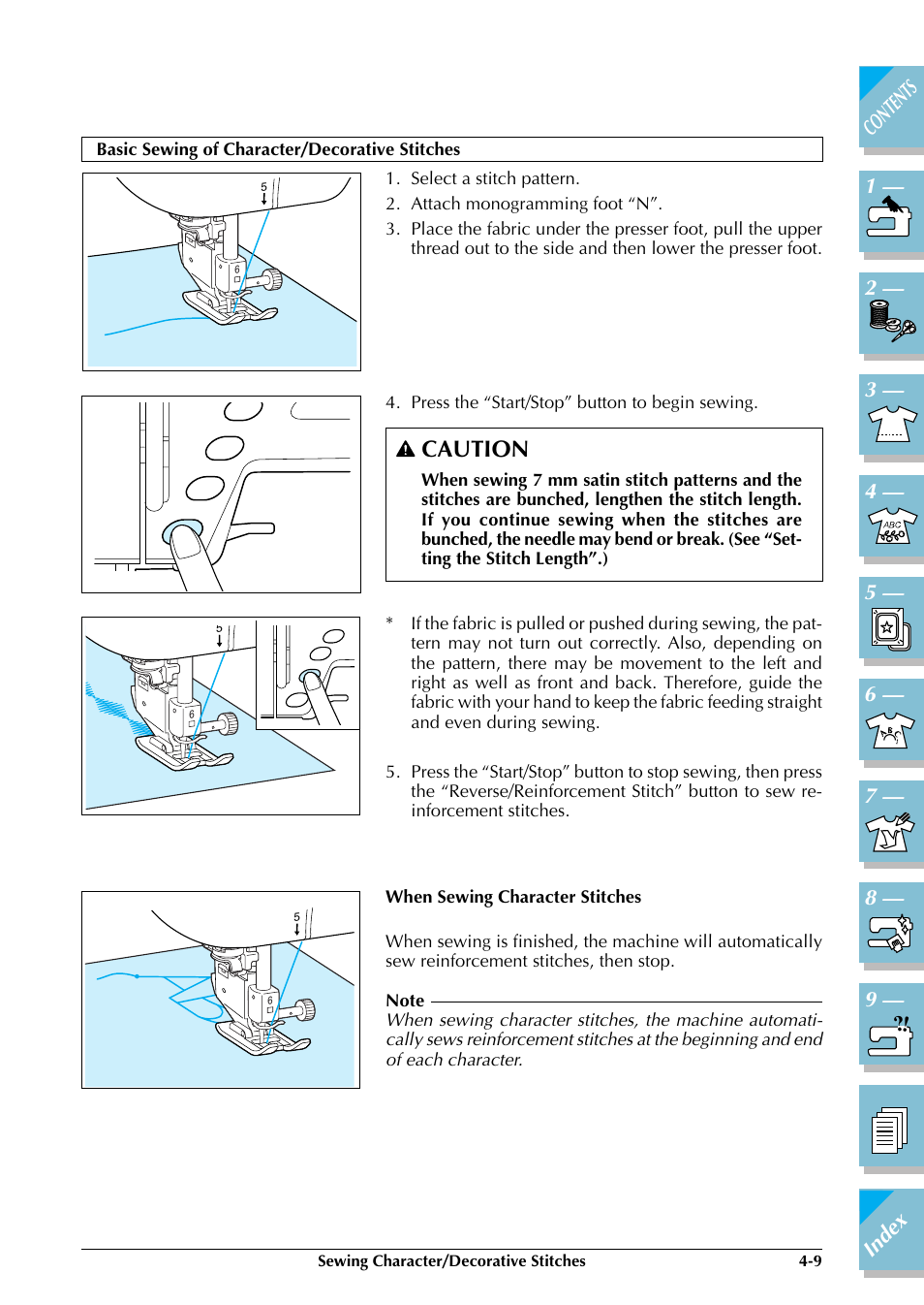 Basic sewing of character/ decorative stitches -9, Caution | Brother ULT2002D User Manual | Page 152 / 319