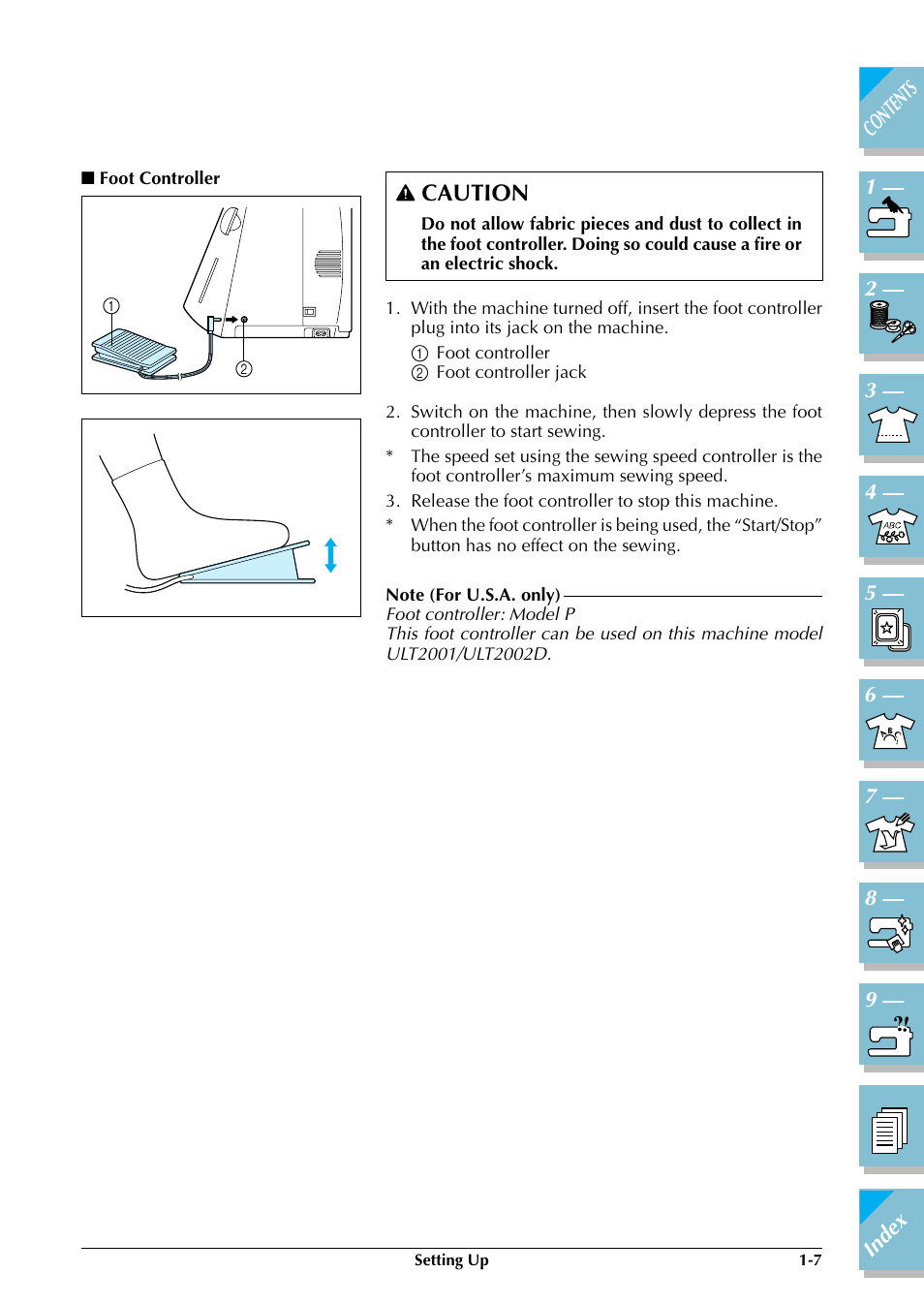 Foot controller -7, P.1-7), Caution | Brother ULT2002D User Manual | Page 18 / 319