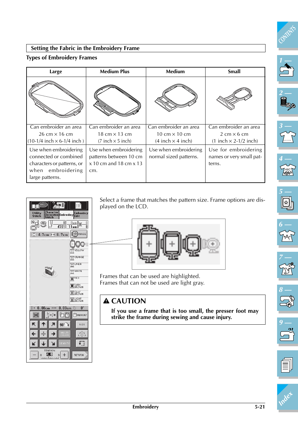 Setting the fabric in the embroidery frame -21, Caution | Brother ULT2002D User Manual | Page 196 / 319