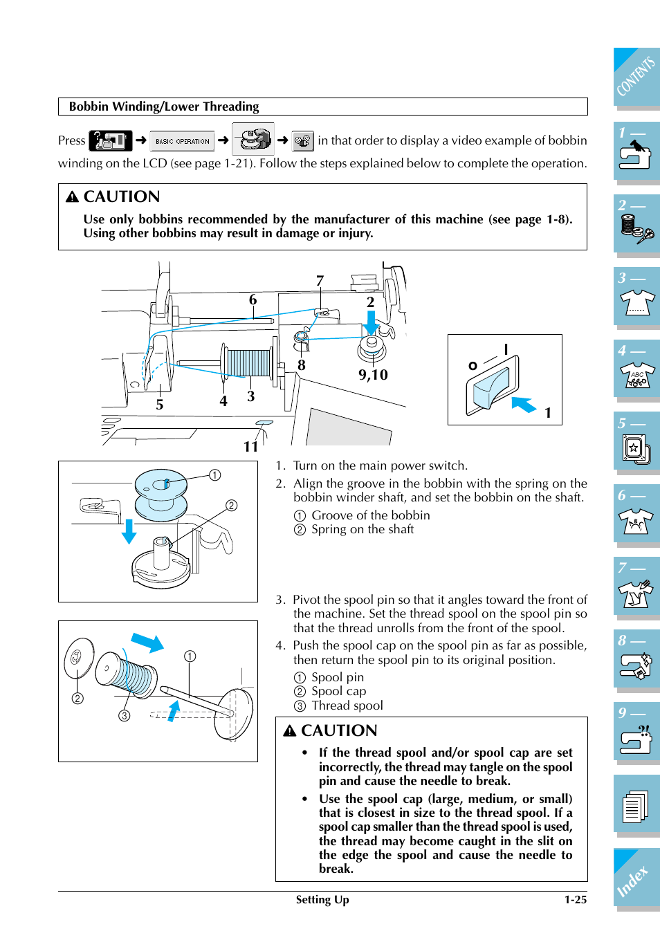 Bobbin winding/lower threading -25, P.1-25, 1-33), Caution | Brother ULT2002D User Manual | Page 36 / 319