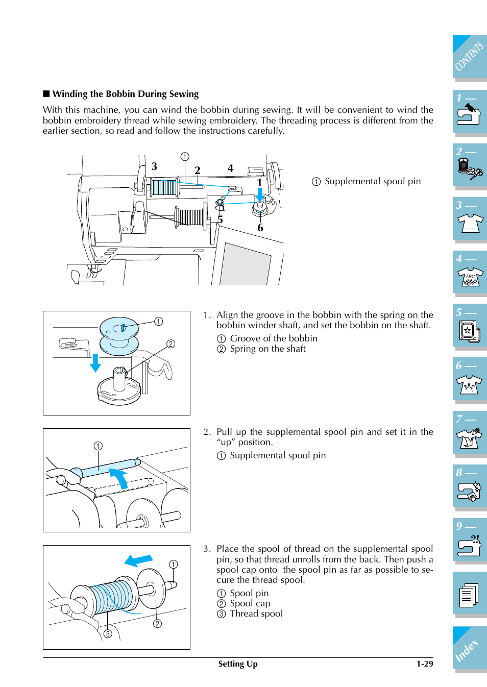 Winding the bobbin during sewing1-29 | Brother ULT2002D User Manual | Page 40 / 319